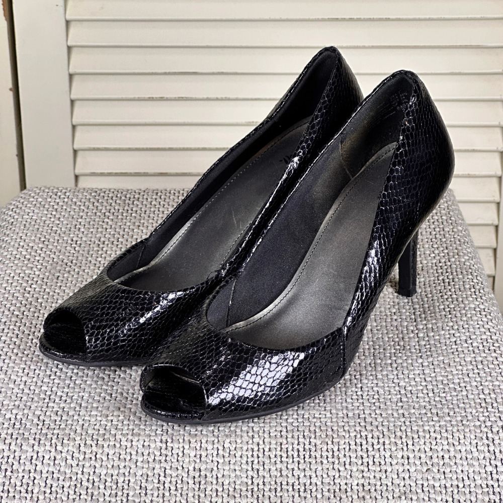 Chic FIONI Black Snakeskin Peep Toe Pumps Y2K‎ Platform Heels 9.5M